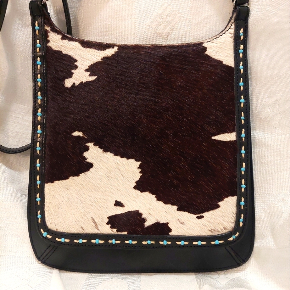 Fossil Espresso Dark Brown Cowhide Leather Crossbody with  Turquoise Beads